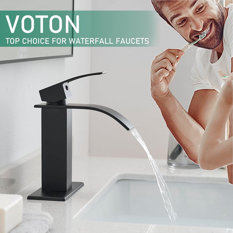 VOTON Black Bathroom Faucets Modern Waterfall Bathroom Sink Faucet Matte Black Single Handle Bathroom Faucet for 1 or 3 Holes with Deck Plate, Rv Sink Camper Farmhouse Bathroom Utility Remodel Faucet - Image 3
